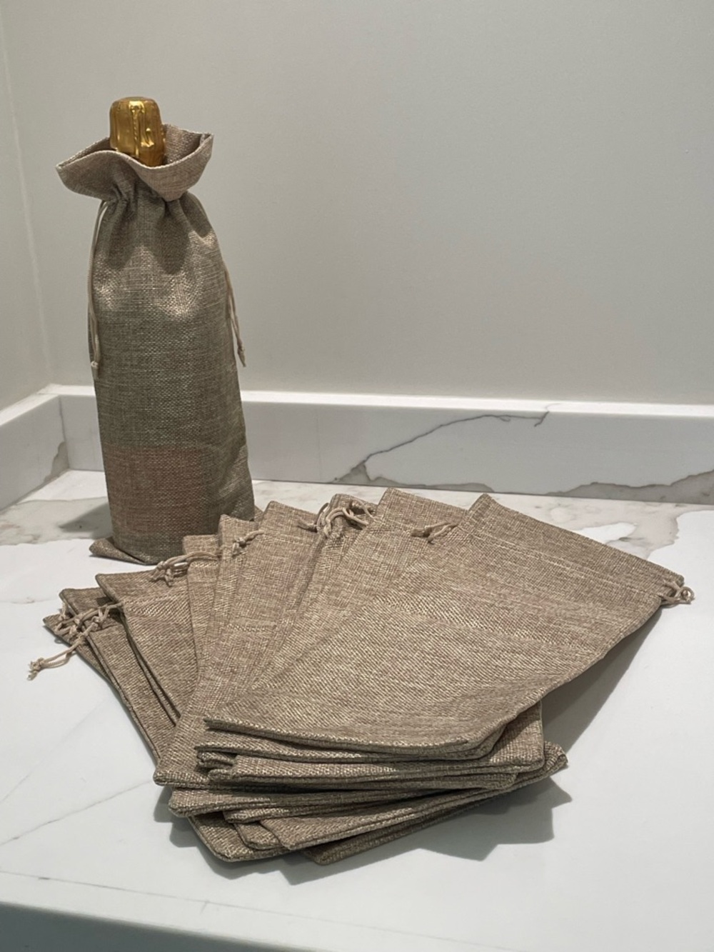 Natural Linen Drawstring Wine Bag Set - Neutral Beige